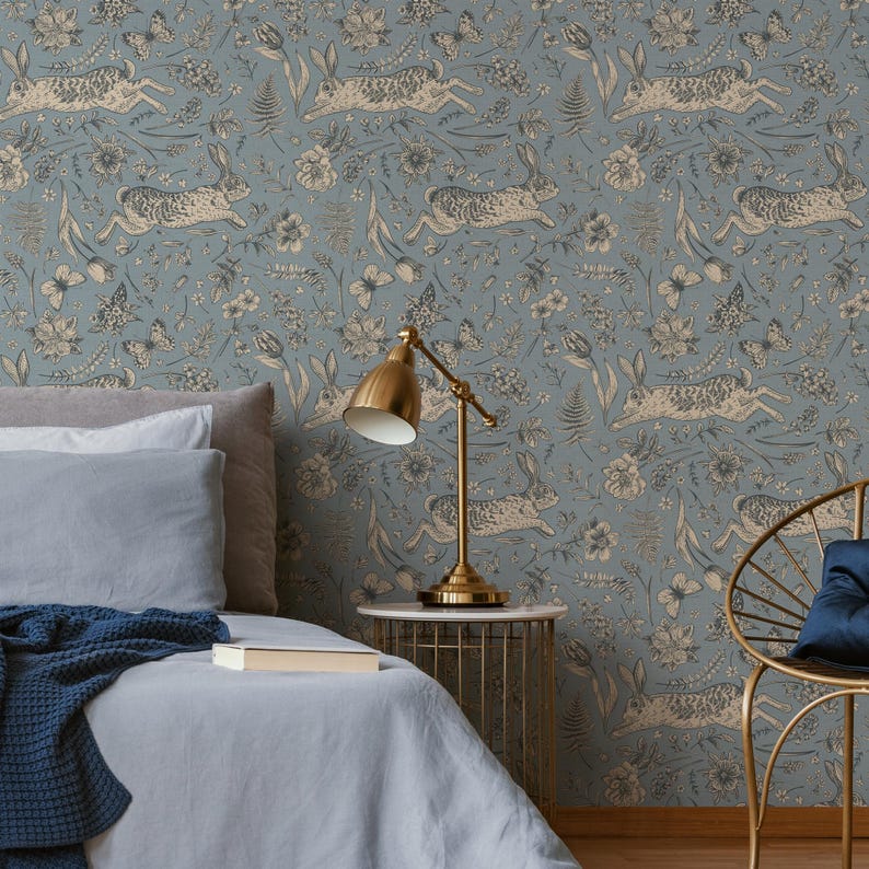 Botanical Wallpaper with Vintage Rabbits and Butterflies in Blue, Beige, and Grey - E586 image 2