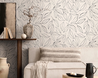 Botanical Wallpaper with Hand-Drawn Leaves in Black and Beige - C425