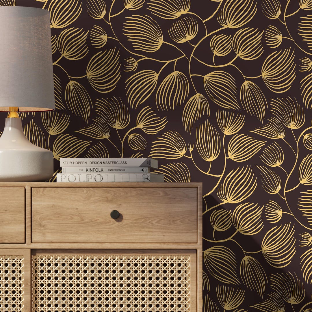 Art Deco Botanical Brown Gold Wallpaper - C639 - Etsy