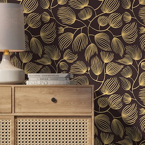 Art Deco Botanical Brown Gold Wallpaper - C639