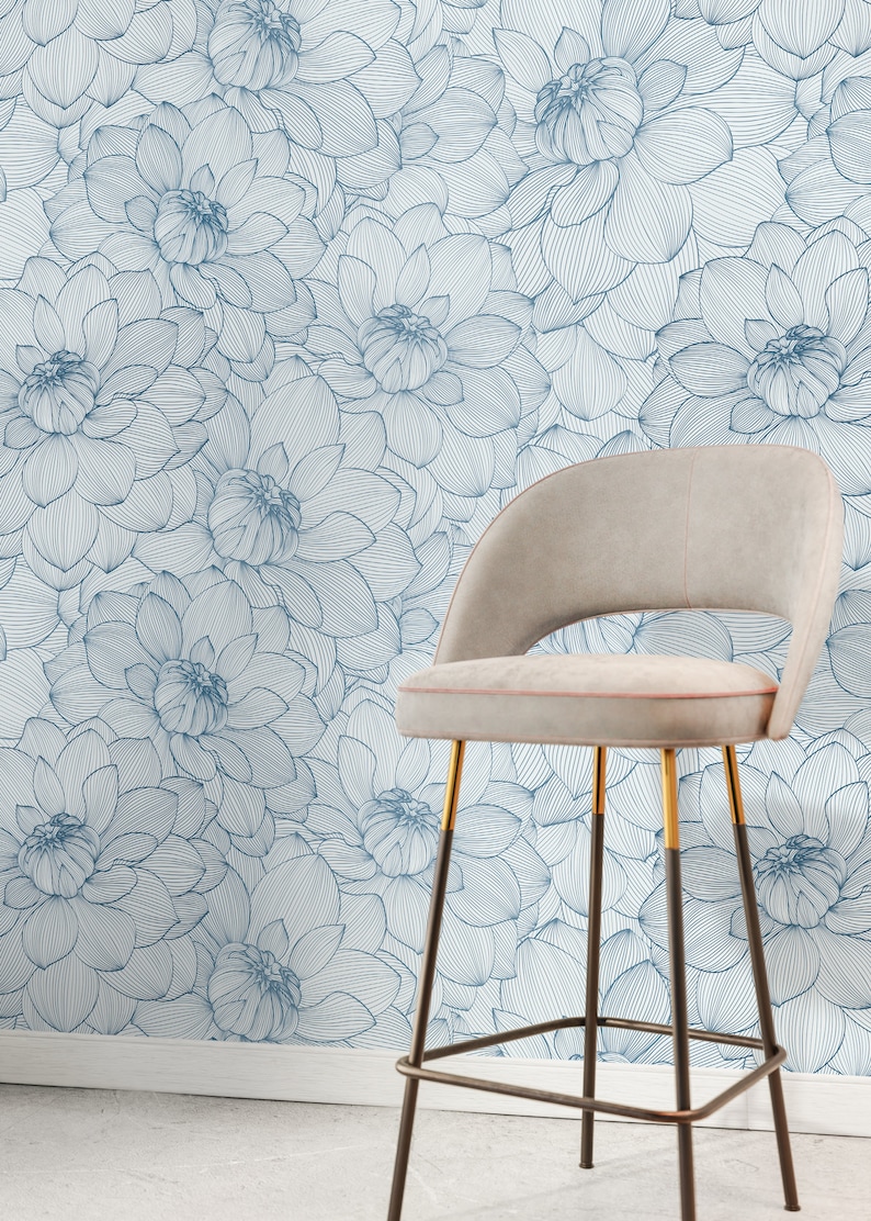 Blue Peony Floral Wallpaper / Peel and Stick Wallpaper Removable Wallpaper Home Decor Wall Art Wall Decor Room Decor D142 image 2
