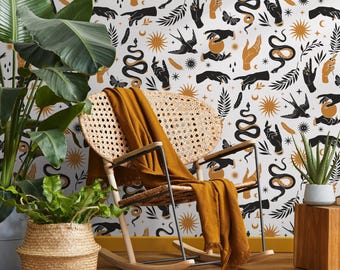 Mystical Wallpaper with Celestial Hands and Snakes in Black and Gold - C715