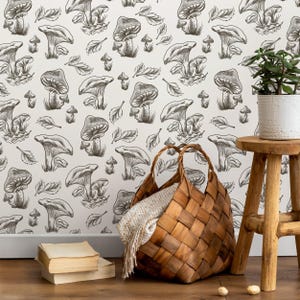 Mushroom Wallpaper Featuring a Vintage Botanical Sketch in Brown and Cream - D819