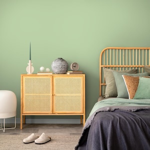 Könnte beinhalten: Eine hellgrüne Wand mit einem Bett mit Rattankopf, einem geflochtenen Rattanschrank mit zwei Türen und einer weißen Keramikvase mit einem hohen, dünnen Stiel. Das Bett hat eine graue Decke und ein paar Kissen in verschiedenen Grüntönen und Braun.
