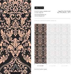 May include: A black and peach damask pattern wallpaper with a repeating pattern. The pattern is a floral design with intricate details. The wallpaper is 24 inches wide and repeats once in a 24-inch roll. The wallpaper is available in a 24-inch wide roll. The text "SKU D076" and "ONDECOR" is visible in the image.