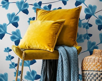Abstract Floral Wallpaper with a Watercolor Motif in Blue - X011