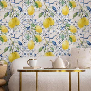 Blue Tiles and Mediterranean Lemon Wallpaper / Peel and Stick Wallpaper Removable Wallpaper Home Decor Wall Art Wall Decor Room Decor - D309