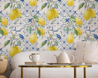 Mediterranean Lemon Blue Tile Wallpaper in Blue and Yellow on White - Peel and Stick - MLBT