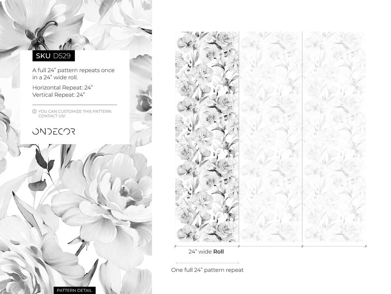 Gray Vintage Peony Wallpaper / Peel and Stick Wallpaper Removable Wallpaper Home Decor Wall Art Wall Decor Room Decor D529 image 6