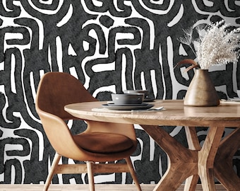 Abstract Wallpaper with a Bold Brushstroke Motif in Black and White - X103