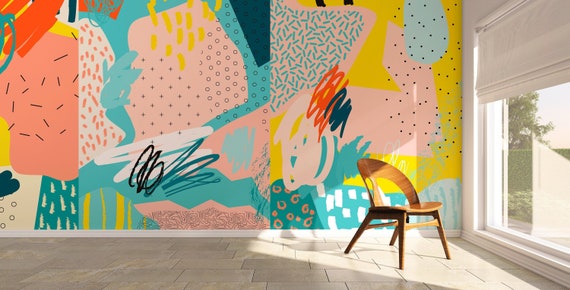 Hand Drawn Wallpaper Watercolor Mural Vibrant Self-adhesive - Etsy