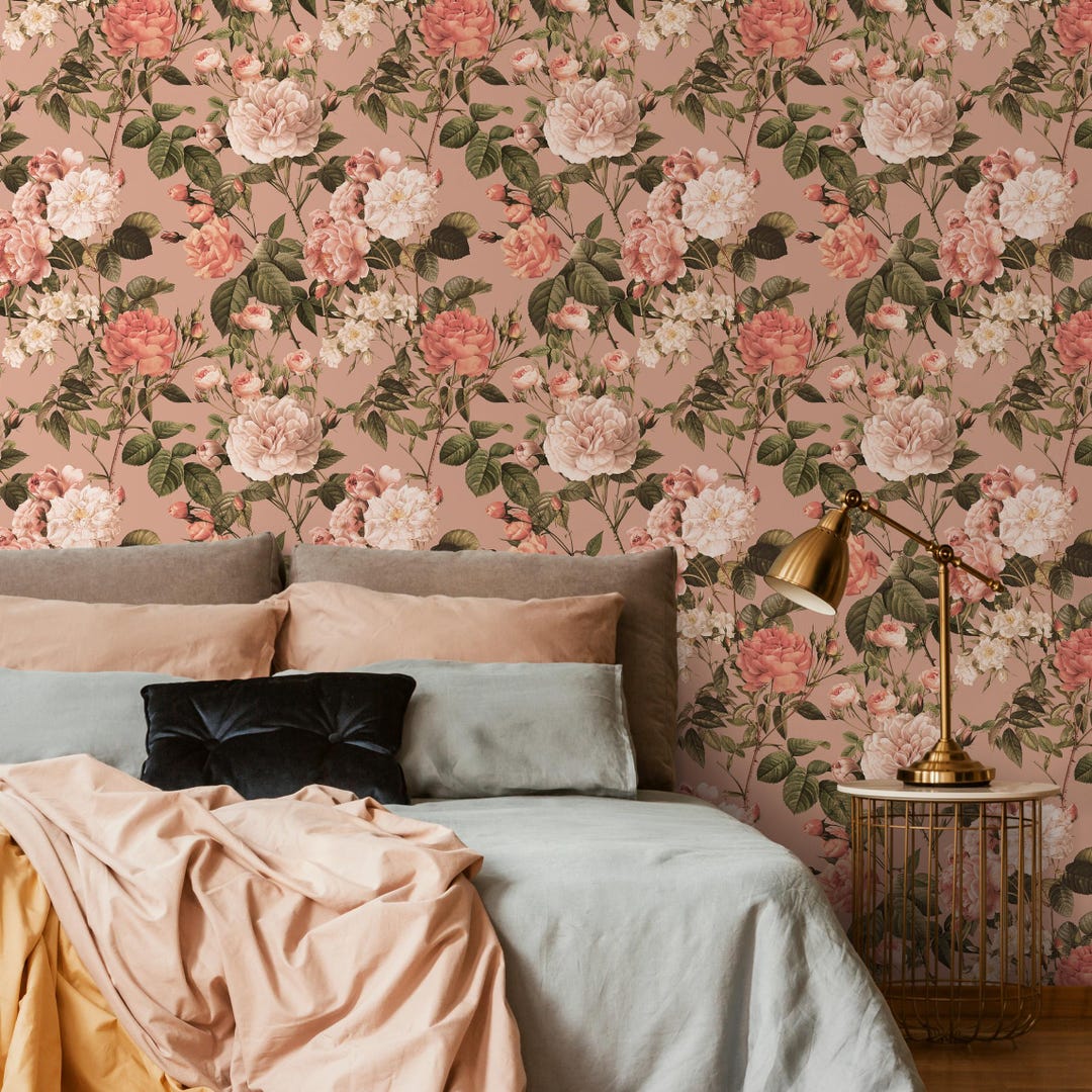 Floral Wallpaper With Vintage Roses and Peonies in Pink and Green ...