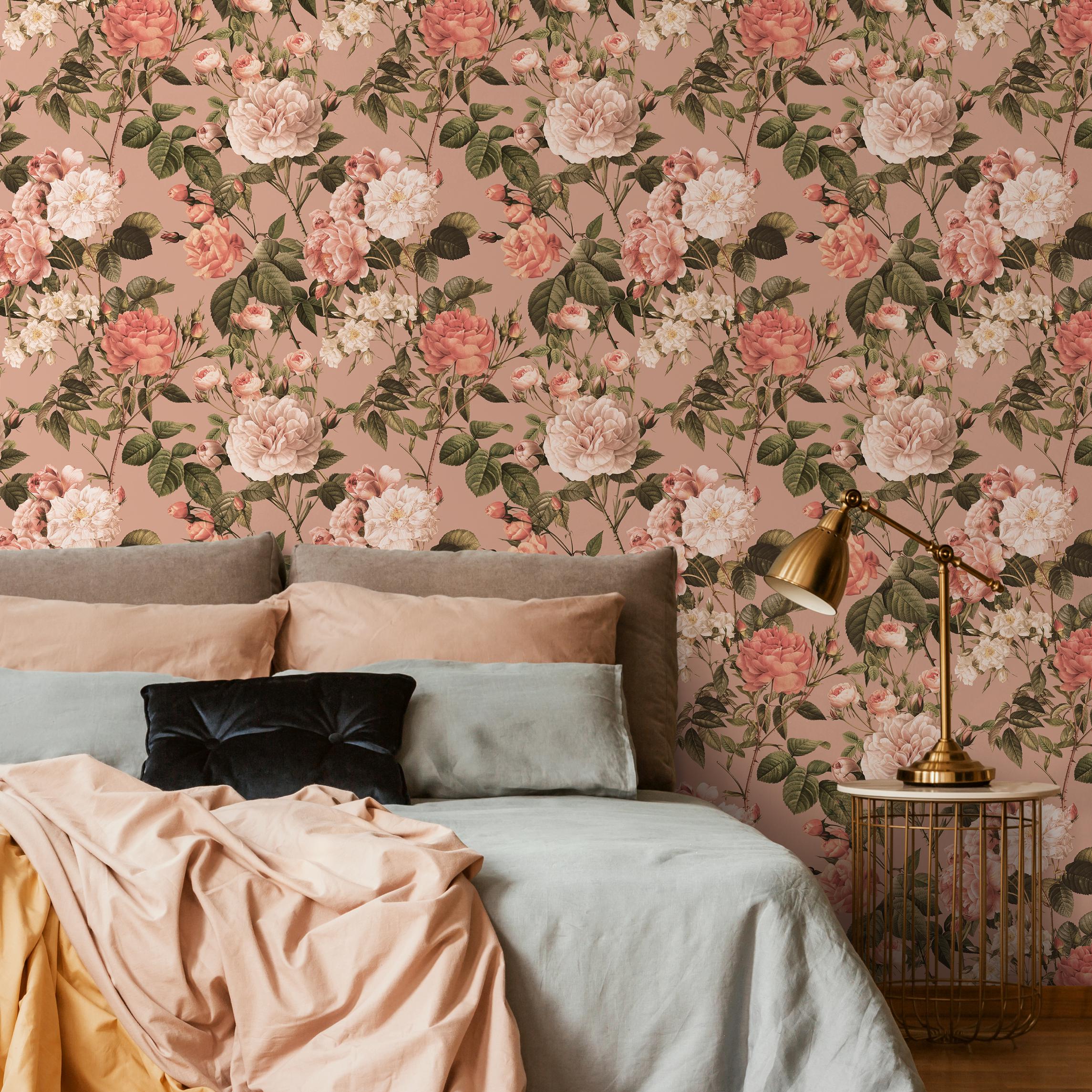 Floral Wallpaper With Vintage Roses and Peonies in Pink and Green ...