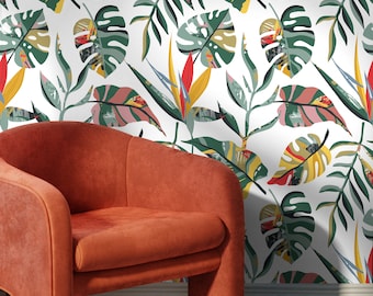 Wallpaper Peel and Stick Wallpaper Removable Wallpaper Home Decor Wall Art Wall Decor Room Decor / Tropical Leaves Monstera Wallpaper - C136