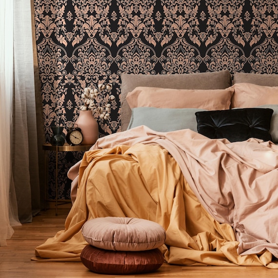 Dark Victorian Damask Wallpaper - Peel and Stick Removable Wall Art