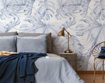 Blue Palm Leaf Tropical Wallpaper in Blue and Green on White - Peel and Stick - BPLT