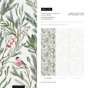 Op de afbeelding: Een aquarelpatroon met een herhalend ontwerp van groene bladeren, rode bessen en kleine roze vogels op een witte achtergrond. Het patroon is 61 cm breed en herhaalt zich eenmaal in een rol van 61 cm. Het patroon heet "SKU C252" en is verkrijgbaar bij ONDECOR.