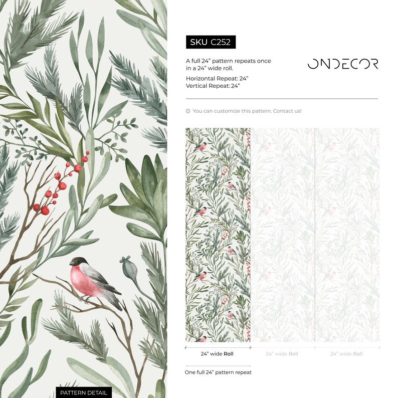 Op de afbeelding: Een aquarelpatroon met een herhalend ontwerp van groene bladeren, rode bessen en kleine roze vogels op een witte achtergrond. Het patroon is 61 cm breed en herhaalt zich eenmaal in een rol van 61 cm. Het patroon heet "SKU C252" en is verkrijgbaar bij ONDECOR.