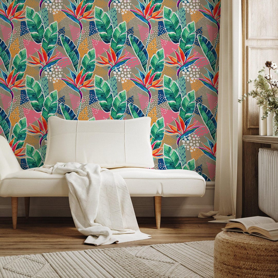 Botanical Wallpaper With Abstract Bird of Paradise in Green, Pink, and ...