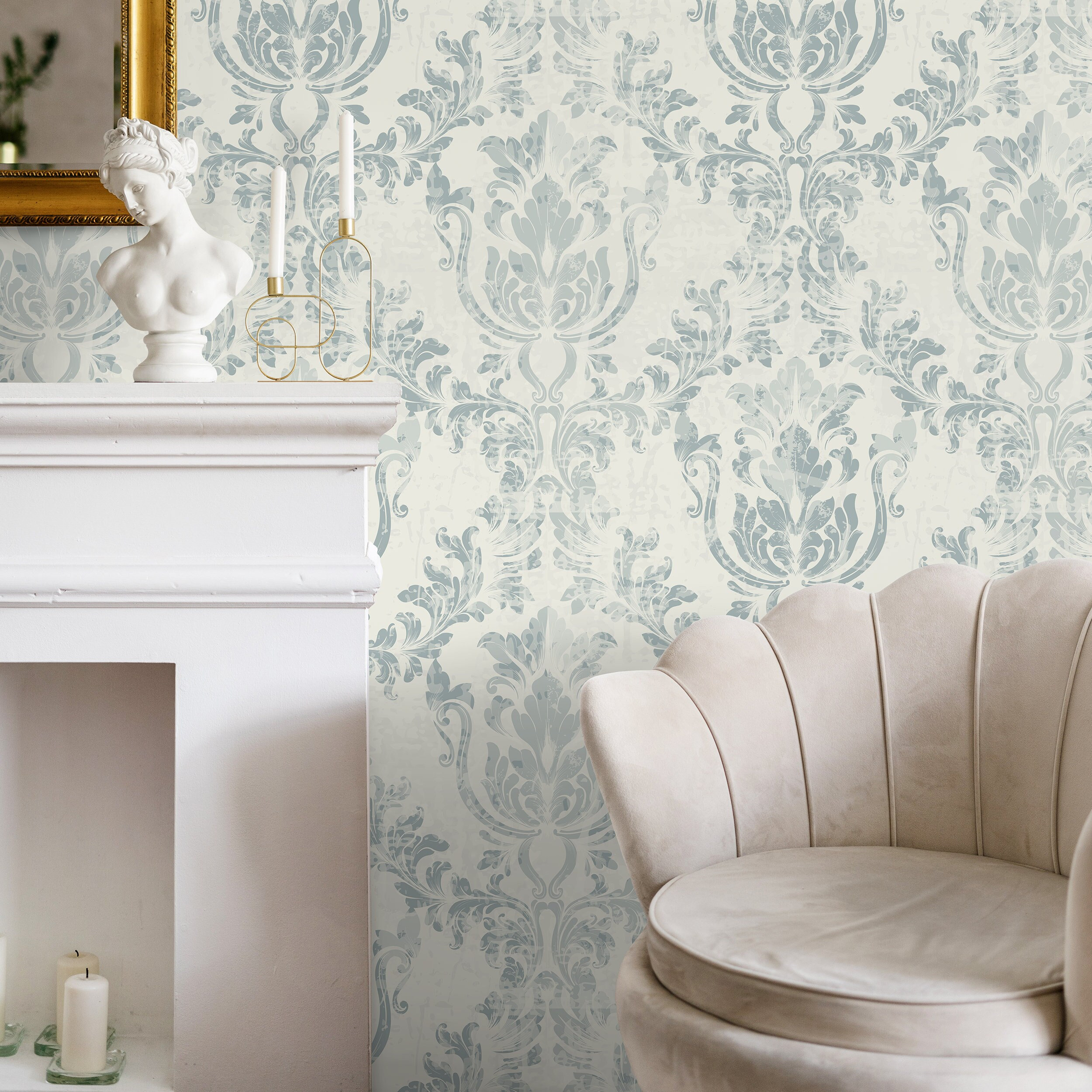 Vintage Damask Wallpaper Removable Wall Mural Vintage Nursery Decor Wall Covering Repositionable Wallpaper Temporary Wallpaper - A650