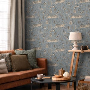 Botanical Wallpaper with Vintage Rabbits and Butterflies in Blue, Beige, and Grey - E586 image 4