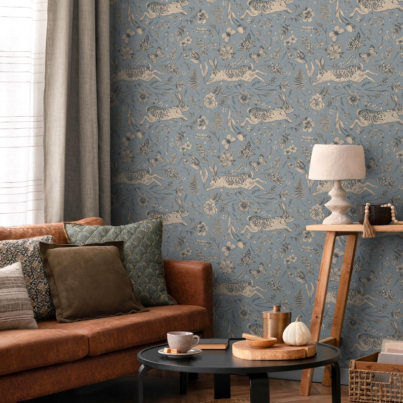 Botanical Wallpaper with Vintage Rabbits and Butterflies in Blue, Beige, and Grey - E586 image 4
