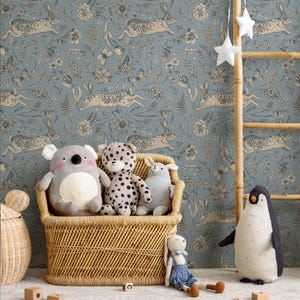 Botanical Wallpaper with Vintage Rabbits and Butterflies in Blue, Beige, and Grey - E586 image 3