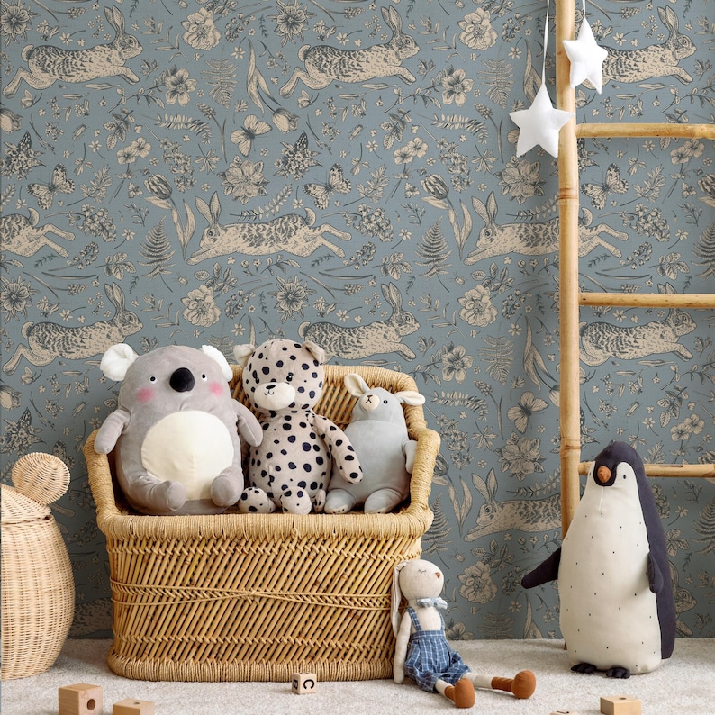 Botanical Wallpaper with Vintage Rabbits and Butterflies in Blue, Beige, and Grey - E586 image 3