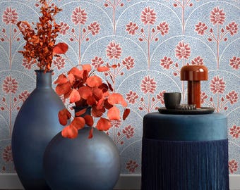 Floral Wallpaper in Red and Blue on Cream - Peel and Stick - C779