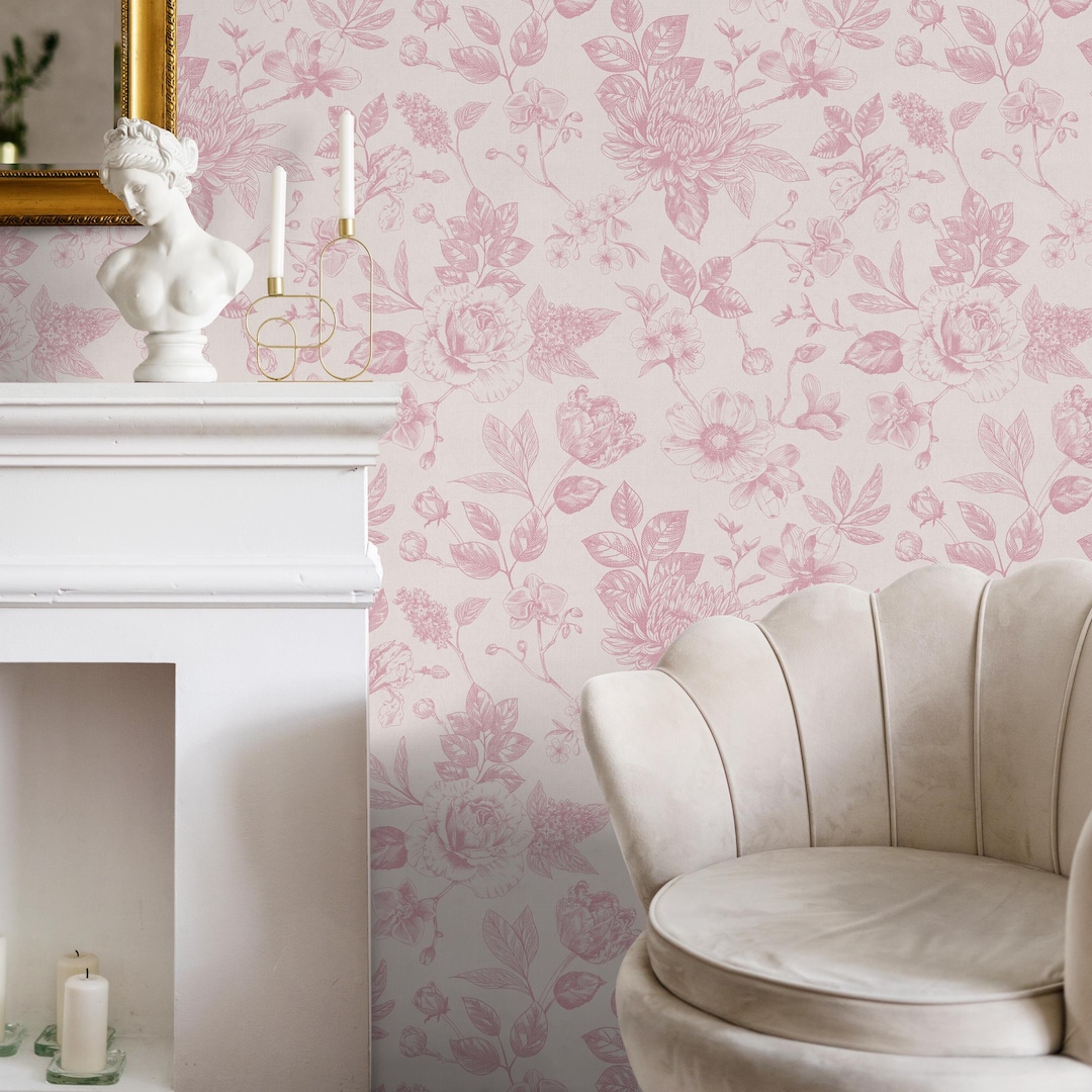 Floral Wallpaper With Vintage Sketched Flowers in Pink - E502 - Etsy