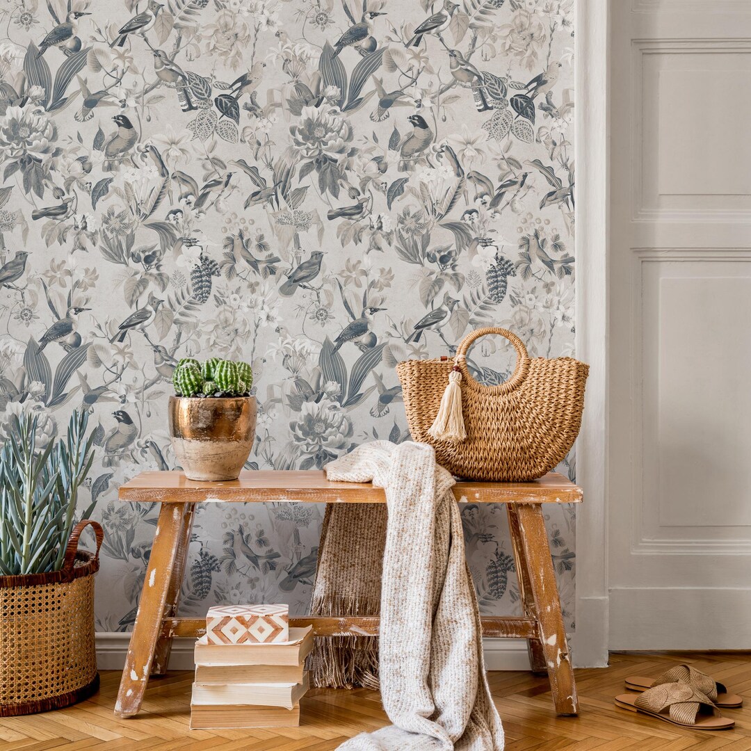 Botanical Wallpaper With Vintage Birds and Florals in Blue and Beige