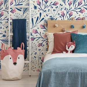 Blue Floral Scandinavian Wallpaper / Peel and Stick Wallpaper Removable Wallpaper Home Decor Wall Art Wall Decor Room Decor - D279