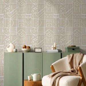 Mid-Century Geometric Beige & White Wallpaper - C592
