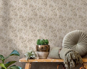 Damask Wallpaper with a Vintage Botanical Motif in Beige and Taupe - E133 C