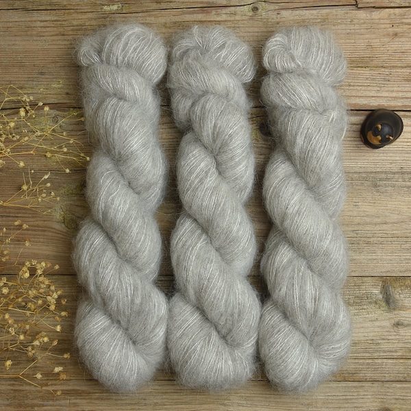 Undyed fingering weight yarn, baby alpaca/merino/yak/silk, 400m/50g, Baby Yak Fluff "Natural Grey"