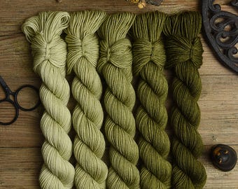 MINI skein set of 5 skeins, hand dyed, fingering weight, sw merino wool, nylon, fade set, 5x85m=100g, Classic Sock "Bean Stem"