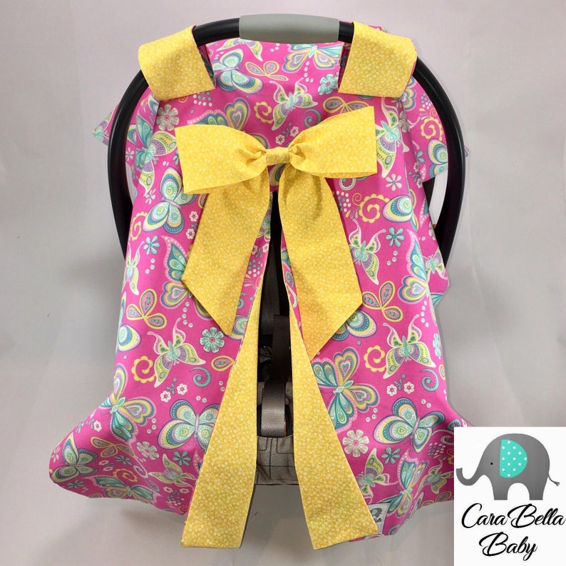 Car Seat Canopy Butterfly Pink Yellow Floral Car Seat Etsy