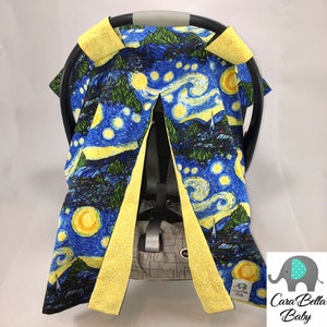 Car Seat Canopy, Starry Night, Blue, Yellow, Neutral, Boy, Car Seat Cover, Nursing Cover, Car Seat Accessories, Baby Shower Gift