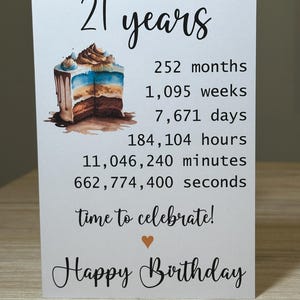 21st Birthday card, Personalised 16th Birthday card, AGE in weeks hours seconds birthday card, 7x5 inch card