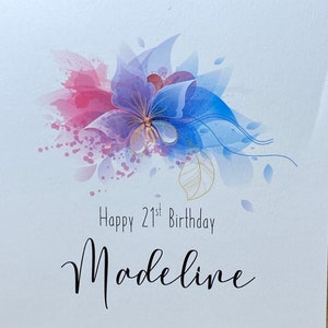 Personalised birthday card, card for daughter friend mum sister her, flowers and butterfly card, pink and blue birthday card