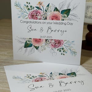 Personalised wedding card, pink flowers wedding card, wedding day card, pink roses wedding card, personalised card for wedding day
