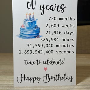 60th Birthday card, Personalised 60th Birthday card, AGE in weeks hours seconds birthday card, 7x5 inch card