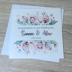 Personalised wedding card,  Wedding Day card with pastel flowers, Wedding card with protea flowers, Australiana wedding card