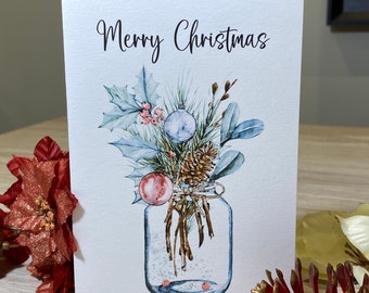 Personalised Christmas card, baubles and holly card, Jar of baubles and holly, Christmas card for friend parents family, Christmas card