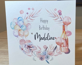 Personalised birthday card, card for her, birthday card for friend mum daughter sister granddaughter, age birthday card, wine and balloons