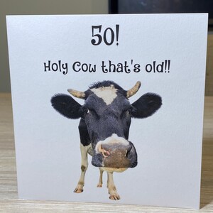 Pu&ograve; includere: Un biglietto di auguri di compleanno divertente con una mucca bianca e nera che guarda la fotocamera. Il biglietto dice "50! Holy Cow that's old!"