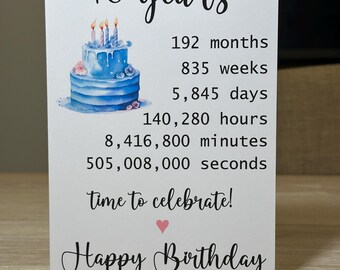 16th Birthday card, Age Birthday card, age card in days weeks months, Funny 16th birthday card, card for age birthday, 16th card for her