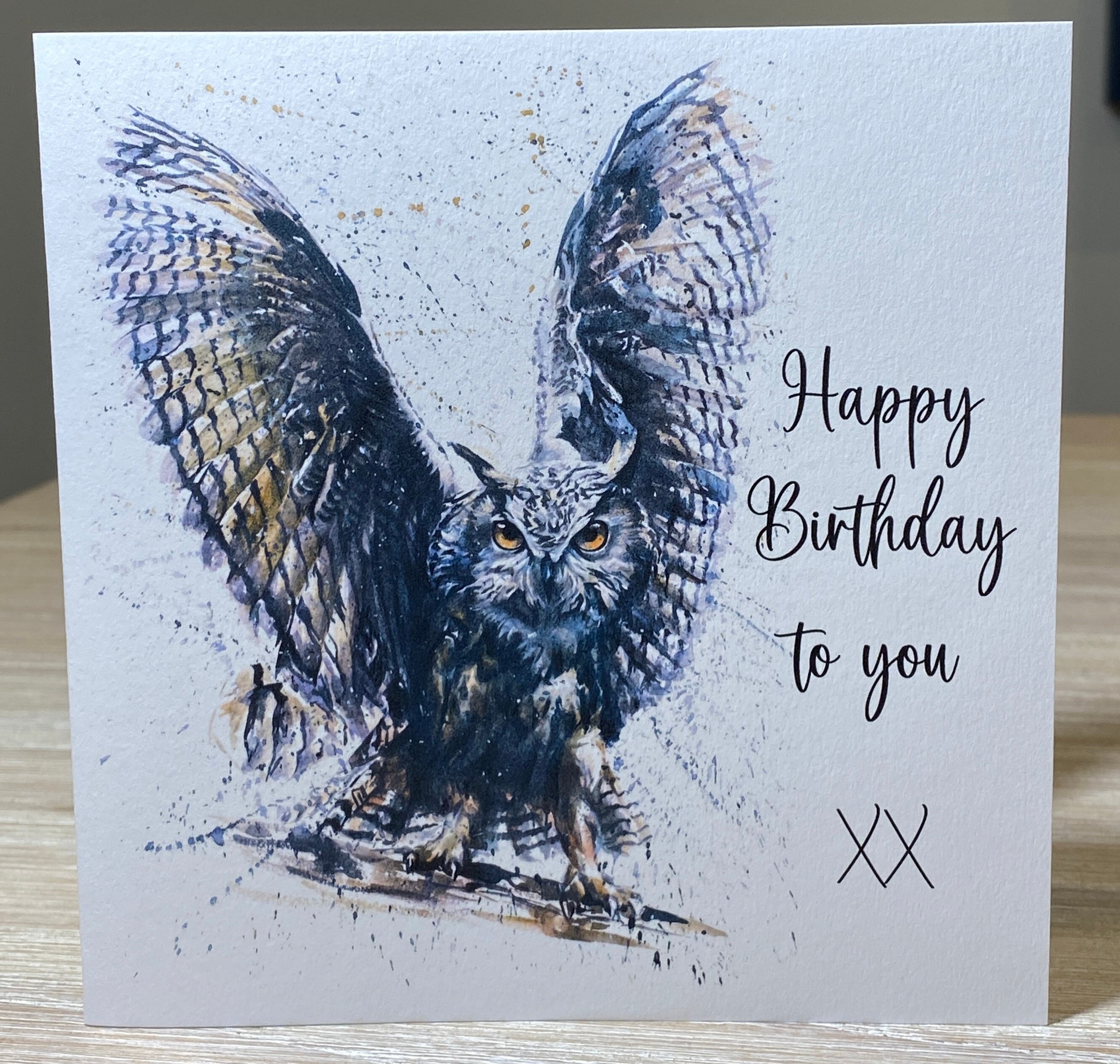 Birthday card - Owl birthday card , wild animal birthday card , Owl flapping wings, watercolour owl 