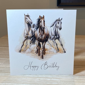 Horse birthday card, Watercolour horse card, card for horse lover, Personalised horse birthday card,  Running Horses, 3 horses running