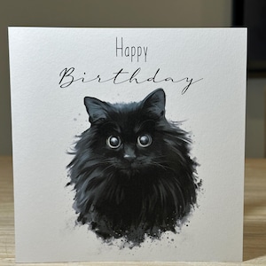 Black cat birthday card, Personalised cat card, Fluffy black cat card, cat card, Animal birthday card, Cute cat card.